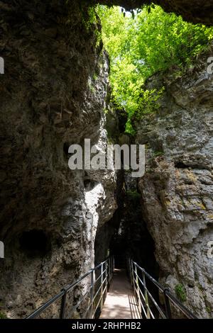 Canyon Rio Sass, formed by water erosion over the centuries. Europe, Italy, Trentino South Tyrol, Non valley, Trento district, Borgo d'Anaunia, Fondo Stock Photo
