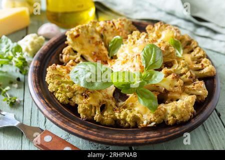 Vegetarian organic food. Baked cauliflower steaks with herbs and spices on a wooden table. Healthy eating, plant based meat substitute concept. Stock Photo
