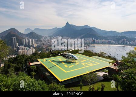 Helipad With Sightseeing Helicopter on Urca Mountain in Rio de Janeiro, Brazil Stock Photo