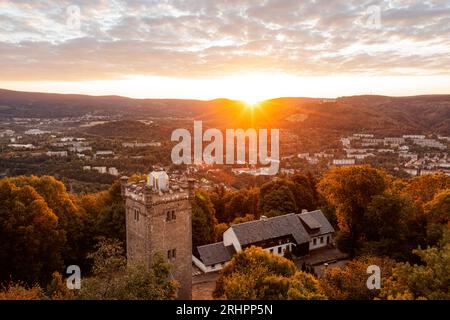 Germany, Thuringia, Suhl, tower, forest, mountain, forest, sunrise overview, backlight, aerial photo Stock Photo