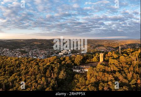 Germany, Thuringia, Suhl, Domberg tower, Dombergbaude, city in background, mountains, forest, overview, aerial view Stock Photo