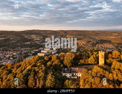 Germany, Thuringia, Suhl, Domberg tower, Dombergbaude, city in background, mountains, forest, overview, aerial view Stock Photo