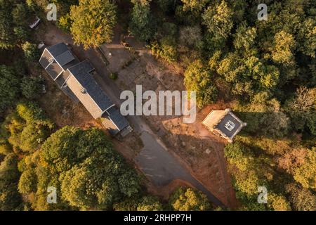 Germany, Thuringia, Suhl, Domberg tower, Dombergbaude, trees, top view, aerial view Stock Photo