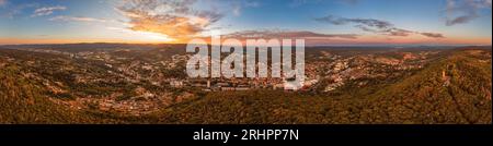 Germany, Thuringia, Suhl, Domberg tower, Dombergbaude, city in background, Congress Centrum, mountains, forest, dawn, overview, aerial view, 36ö° panorama Stock Photo