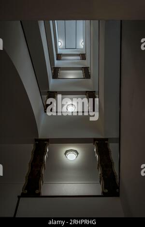 Extreme worm's eye view of a shaft in a modern staircase Stock Photo