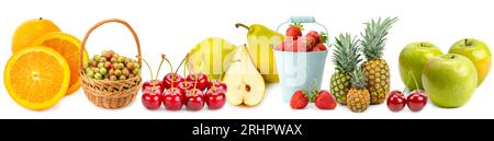 Collection fruits isolated on white background. Panoramic collage. Wide photo with free space for text. Stock Photo