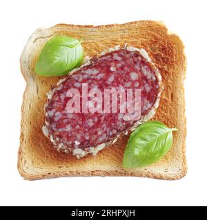 Salami sausage sandwich isolated on white background, top view Stock Photo