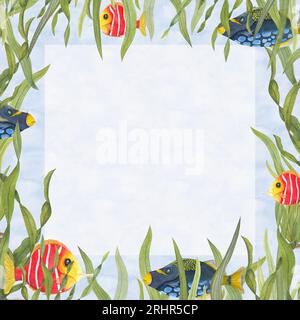 Watercolor card for kids birthdays isolated on background of the blue sea. Colored Fishes in cartoon style, algae, laminaria. Stock Photo