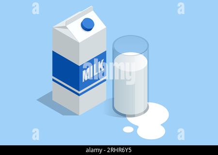 Isometric glass of milk with a gable package isolated on white background. Stock Vector