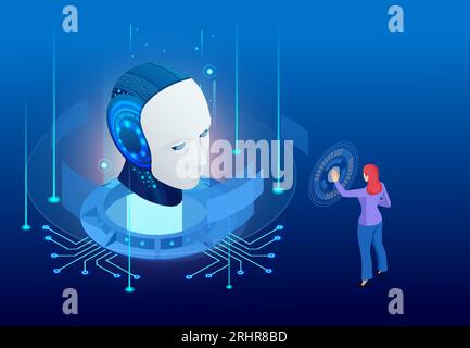 Isometric Artificial Intelligence, Knowledge Expertise Intelligence Learn. Internet connect Chat, Chat with AI, Artificial Intelligence. Stock Vector