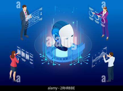 Isometric Artificial Intelligence, Knowledge Expertise Intelligence Learn. Internet connect Chat, Chat with AI, Artificial Intelligence. Stock Vector
