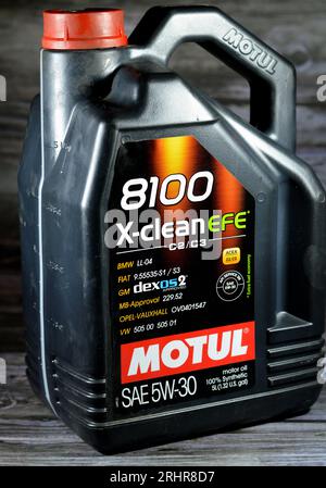 Cairo, Egypt, July 28 2023: Motul X-clean EFE 8100 motor oil SAE 5W-30 Synthetic High Performance Gasoline and Diesel engine oil for latest generation Stock Photo