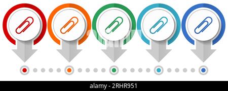 Paperclip vector icon set, flat design infographic template, set pointer concept icons in 5 color options for webdesign and mobile applications Stock Vector