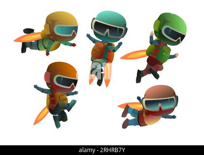 Jetpack. Set of characters. Isolated on white background. Man in helmet flies. Reactive Aircraft in back. Cartoon style. Vector picture Stock Vector
