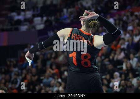 ANTALYA, TURKIYE - DECEMBER 18, 2022: Irina Voronkova serves during Gerdau Minas vs Eczacibasi Dynavit FIVB Volleyball Womens Club World Championship Stock Photo