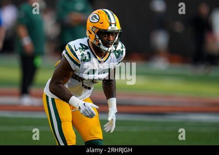 Green Bay Packers cornerback Kiondre Thomas (43) gets set on defense during  an NFL pre-season football game against the Kansas City Chiefs Thursday,  Aug. 25, 2022, in Kansas City, Mo. (AP Photo/Peter