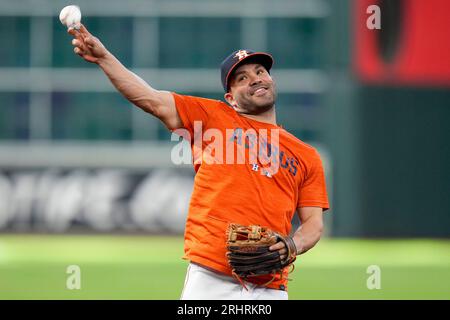 Houston Astros second baseman Jose Altuve smiles while waiting to take  batting practice before a baseball game against the Texas Rangers,  Wednesday, July 26, 2023, in Houston. (AP Photo/Kevin M. Cox Stock