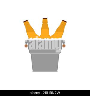 Glass bottles beer in a metal bucket with ice cubes. Vector illustration, clipart. Stock Vector