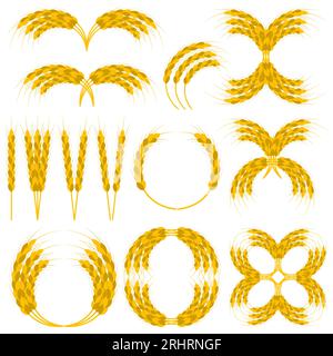 Wheat wreaths and ornament set. Different design and templates. Vector clipart and drawing. Isolated illustrations. Stock Vector