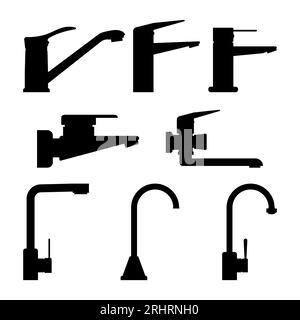 Set of black silhouettes faucets for bathroom and kitchen. Water tap icons. Isolated graphic vector illustration. Clipart and drawing. Stock Vector