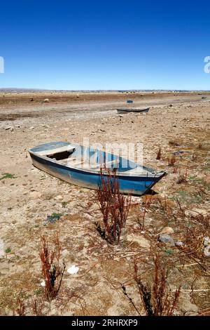 Lake Titicaca, BOLIVIA; August 18th 2023: Wooden rowing boats on the dried up shore of Cohana Bay on the Inner Lake / Huiñay Marka (the smaller part of Lake Titicaca) near the village of Cohana. Water levels in Lake Titicaca are approaching the record low level set in 1996, the lowest since Bolivia's weather service (Senhami) started keeping records in 1974. Many are blaming climate change; the last few years have been drier than normal and El Niño is currently strengthening in the Pacific Ocean off South America. Stock Photo