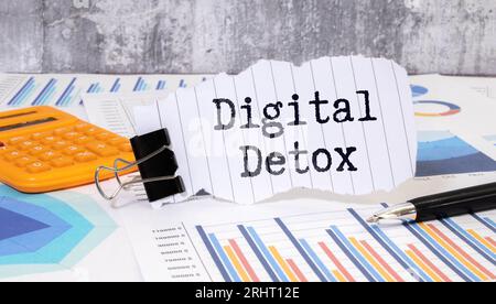 Flat lay composition of tablet with words DIGITAL DETOX on white wooden background. Space for text Stock Photo