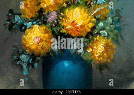 Detail shot of still life oil painting depicting a bouquet of Chrysanthemum flowers in a blue vase. Stock Photo