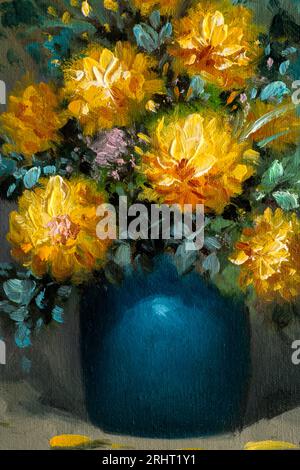 Detail shot of still life oil painting depicting a bouquet of Chrysanthemum flowers in a blue vase. Stock Photo