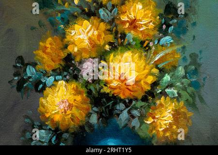 Detail shot of still life oil painting depicting a bouquet of Chrysanthemum flowers in a blue vase. Stock Photo