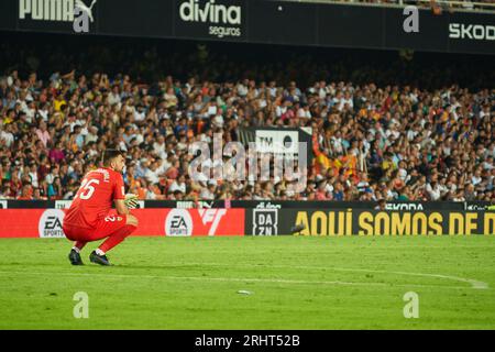 Giorgi Mamardashvili of Valencia CF in action during the La Liga EA Sport Regular Season Round 2 on august 18, 2023 at Mestalla Stadium  (Valencia ,La Stock Photo