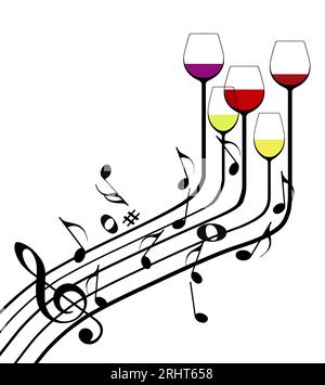 This is an illustration showing stemware, very tall wine glasses with a music staff with musical notes in an illustraton about piano bars and the mix Stock Photo