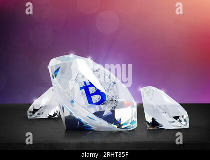 Shiny diamonds and one with bitcoin inside on table against color background Stock Photo