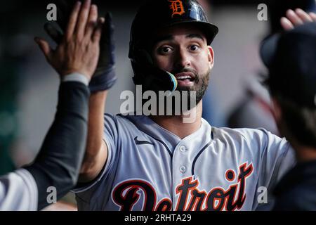 Detroit Tigers' Riley Greene celebrates after hitting a solo home