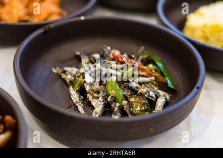 Dried fish dishes, dried fish Korean food, seafood, Korean side dishes Stock Photo