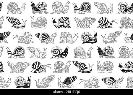 Contour illustration of a snail with boho pattern and red watercolor ...