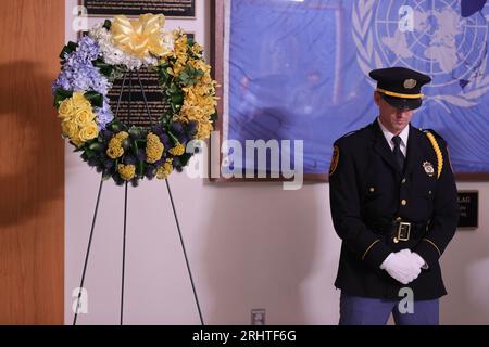 United Nations, New York, USA, August 18 2023 - A view of a wreath-laying ceremony to remember the 20th Anniversary of the bombing of Canal Hotel in Baghdad and World Humanitarian Day Today at the United Nations Headquarters in New York. Photo: Luiz Rampelotto/EuropaNewswire Credit: dpa picture alliance/Alamy Live News Stock Photo