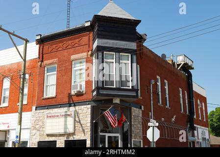 Malta, Illinois - United States - August 15th, 2023: Old building and storefront in downtown Malta, Illinois, USA. Stock Photo