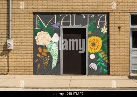 Malta, Illinois - United States - August 15th, 2023: Old building and storefront in downtown Malta, Illinois, USA. Stock Photo