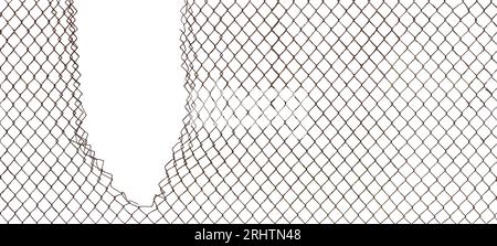 Torn rusty chain link fence texture background, horizontal isolated broken old aged weathered rusted iron, perimeter security hole concept metaphor Stock Photo