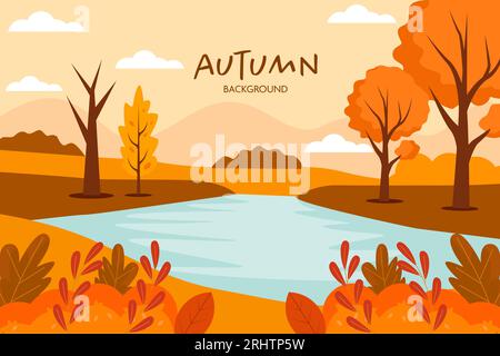 autumn background illustration vector design in flat style with lake Stock Vector