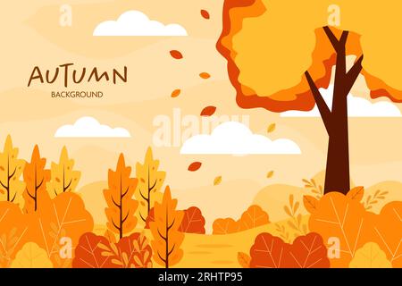 vector flat design autumn background illustration with leaves and tree Stock Vector