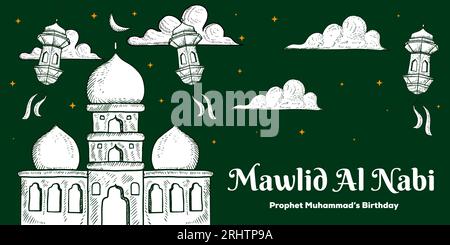 mawlid al nabi horizontal banner hand drawn illustration Stock Vector