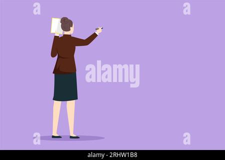 Character flat drawing back view of female business school guru teaching explaining, writing formula on chalkboard. Young business woman teacher stand Stock Photo