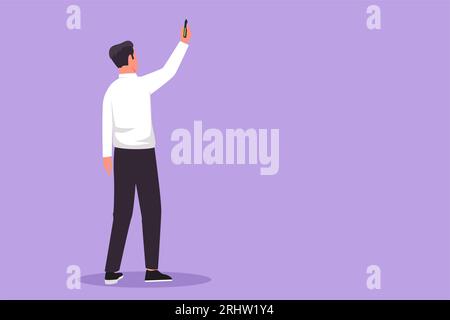 Graphic flat design drawing back view of man teacher or student writing formulas on classroom chalkboard holding chalk in right hand. University or sc Stock Photo