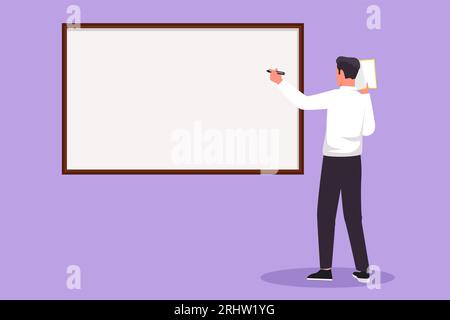 Cartoon flat style drawing smart business school professor teaching, explaining and writing formula on chalkboard. Successful business man teacher sta Stock Photo