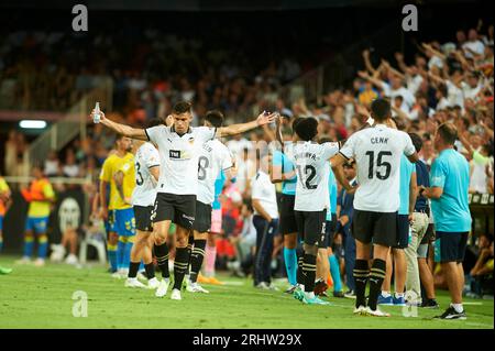 Celebrating the VAR decision in action during the La Liga EA Sport Regular Season on august 18, 2023 at Mestalla Stadium (Valencia,La Liga EA Sport Re Stock Photo