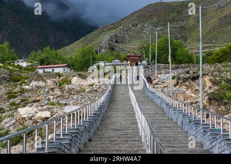 Entrace gate and stairway to Muktinath Hindu Temple in Mustang of Nepal Stock Photo