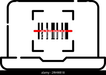 Barcode scanned with laser on laptop. Pixel perfect, editable stroke Stock Vector