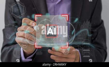 Hand touching hologram modern Technology AI Artificial Intelligence is a thought-processing robot system with OpenAI via graphic illustration for Stock Photo