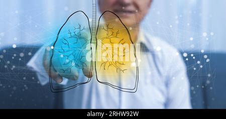 Medical doctor using advance technology big data visual display computer touch screen overlay in Science research Lab. Stock Photo